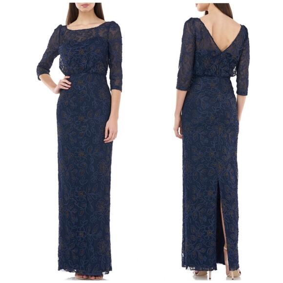 JS Collections Dresses & Skirts - JS Collections Metallic Soutache Blouson Mesh Gown in Navy Gold, Size 10